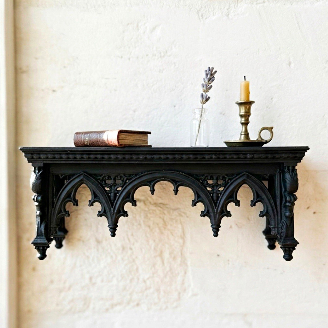 Black Gothic Wall Shelf Ledge, Wall Mounted Rectangle, 1 Shelf Open Face