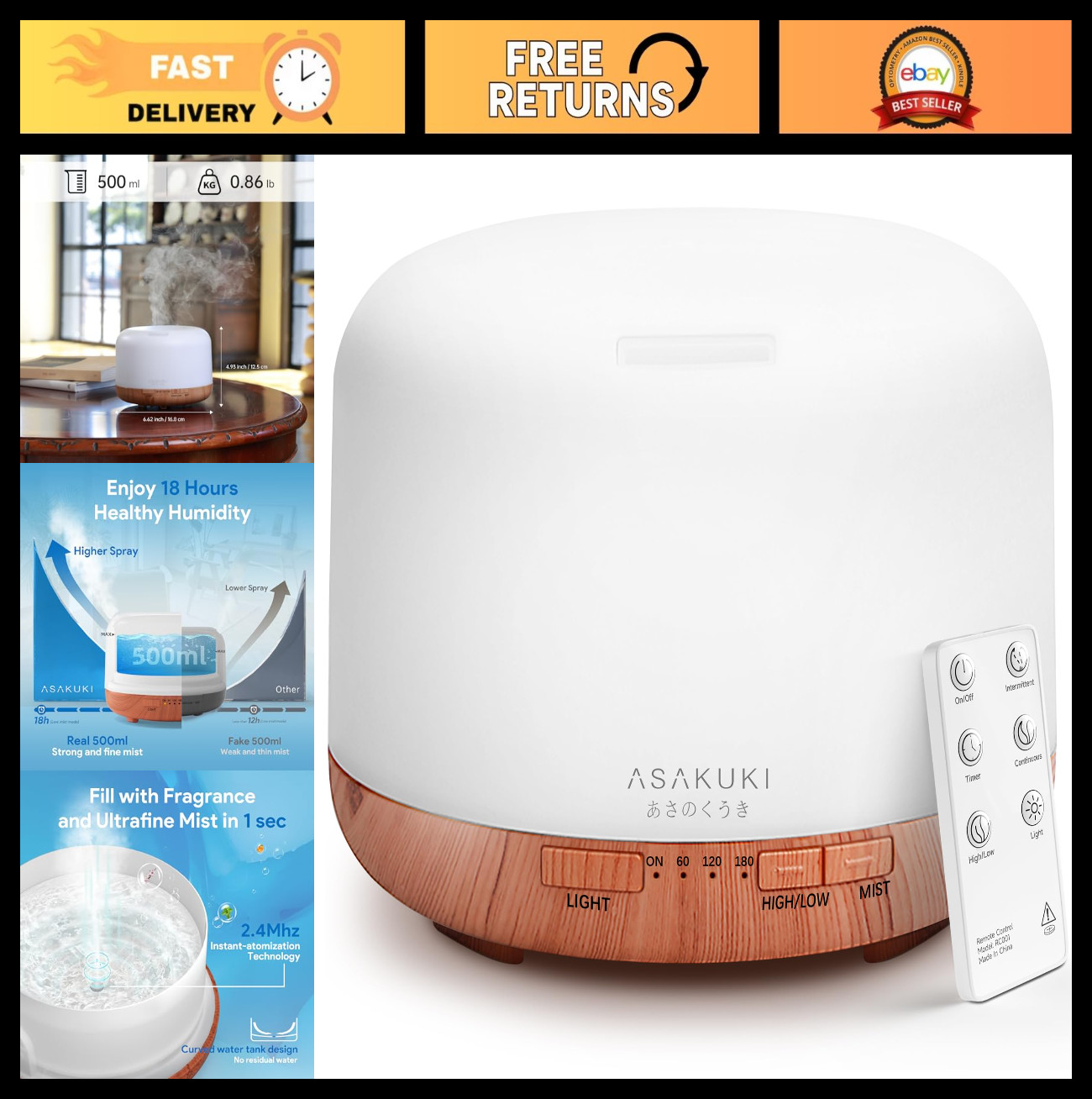 500ML Essential Oil Diffuser & Humidifier, Remote Control, 7