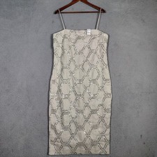 Ann Taylor Dress Womens 14 Beige Geometric Sequin 100% Linen Spaghetti Strap NWT