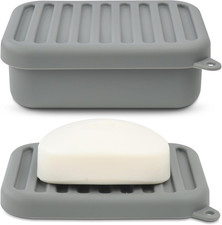 Leak-Proof Silicone Travel Soap Case with Drainage Lid/Layer, Compact Bar Soap C