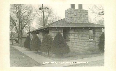 Real Photo Postcard Stone Shelter in City Park, La Crosse, Kansas - ca 1950s
