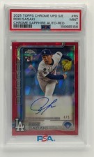 2025 Topps Chrome Update Sapphire Roki Sasaki Red Auto /5 Dodgers PSA 9
