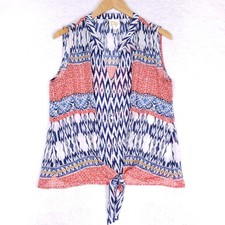 Fig and Flower Sleeveless Blouse Large Ikat Print Tie Front Boho Summer Top