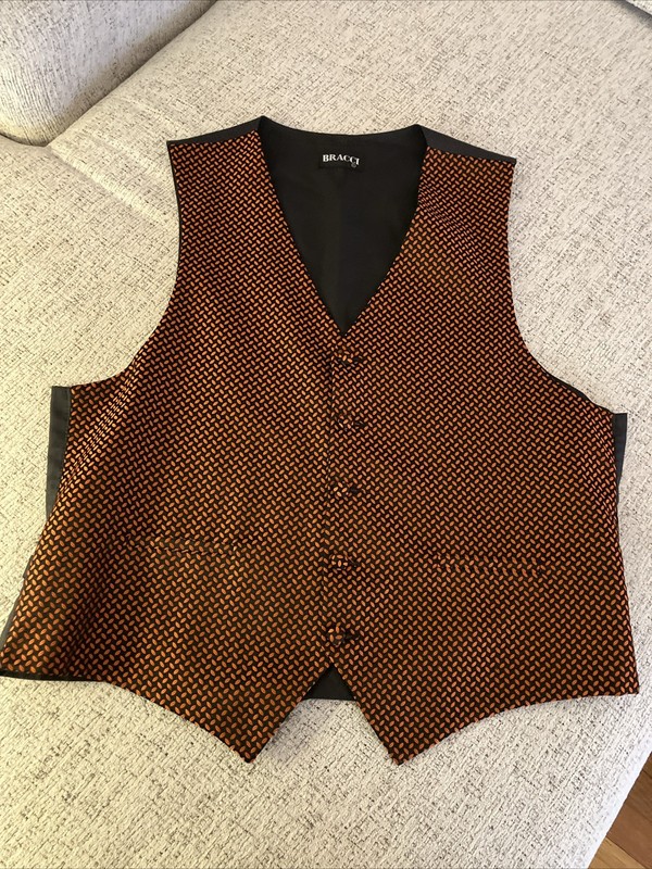 Bracci Orange And Black Formal Tuxedo Suit Steampunk Vest 100% Silk Men’s L-XL