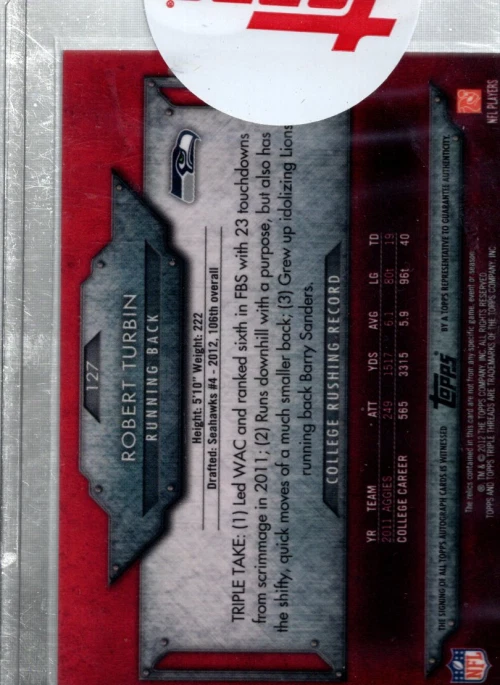 A8471- 2012 Topps Triple Threads #127C Robert Turbin RT RC EXCH Auto Jersey /99 - Image 2 of 2