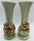 PAIR EXQUISITE VINTAGE MCCOY POTTERY GREEN BROWN FLOWER BIRD NEST LEAVES BERRY