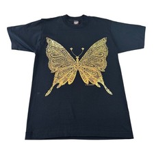VTG 1989 Butterfly T-Shirt Adult Med, Air Waves Inc, Gold Foil Black Made in USA