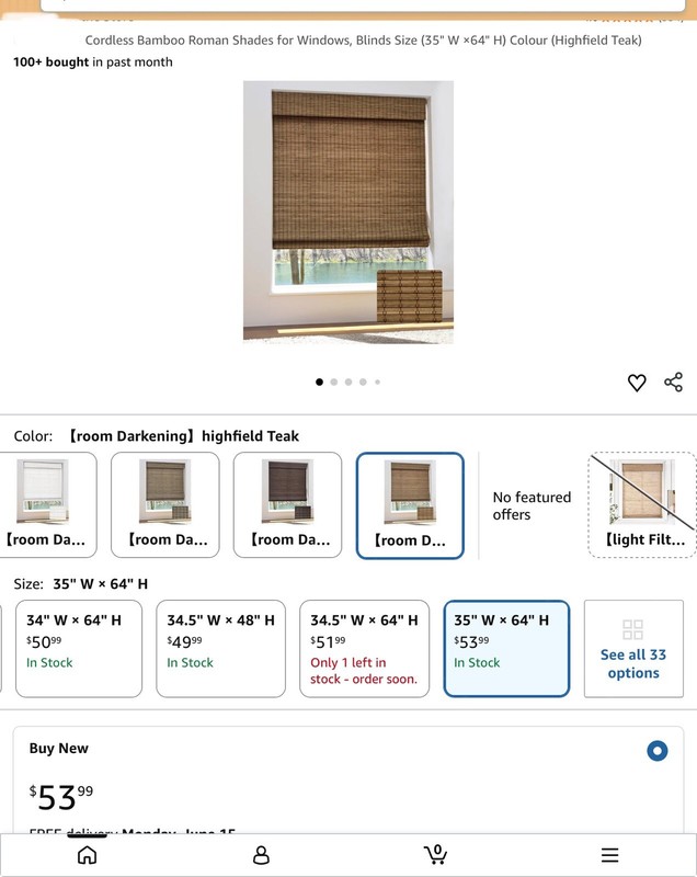 Cordless Blackout Bamboo Roman Shade 35x64" Natural Inside Mount JPT006-ZLM-068