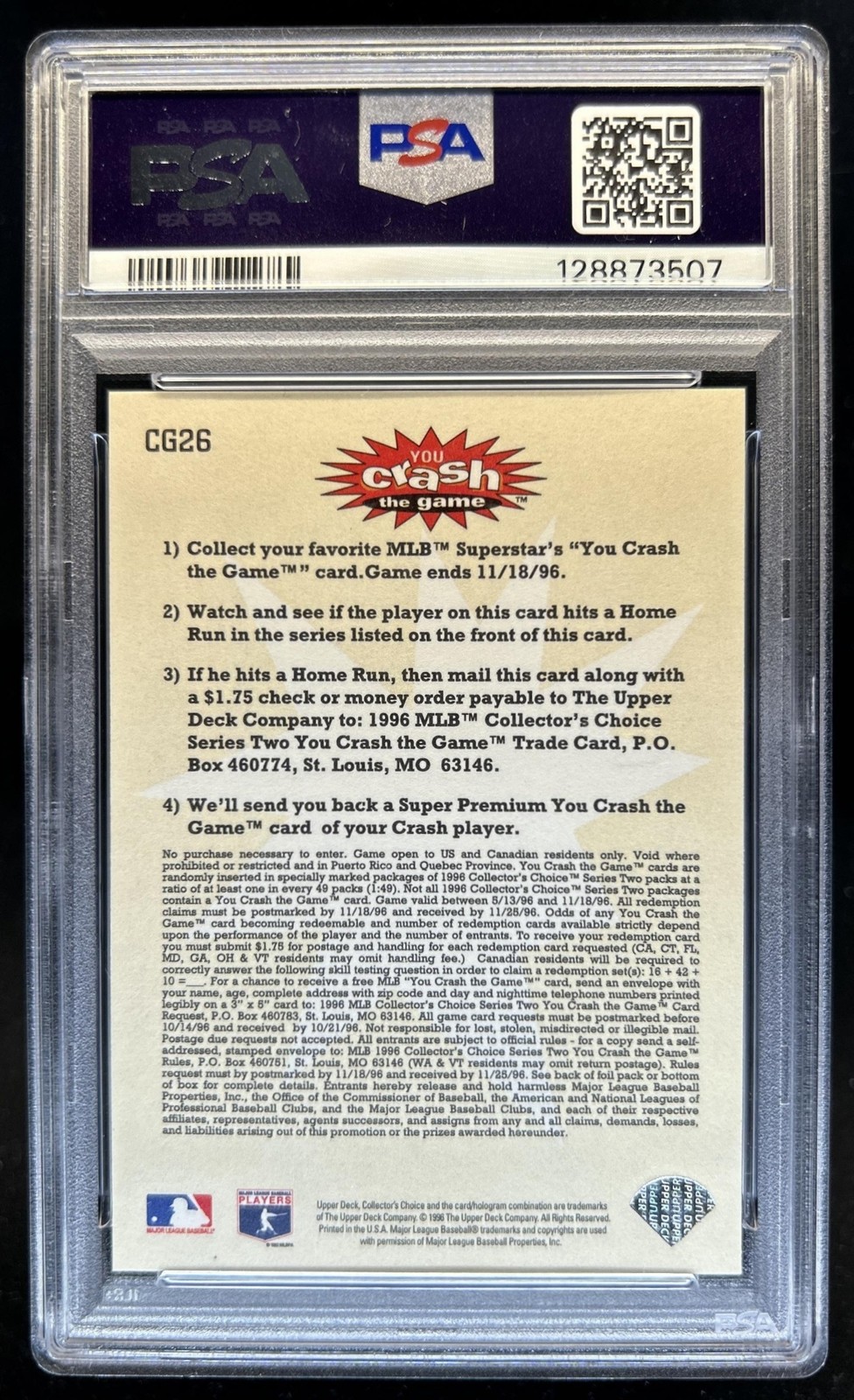 1996 Collector's Choice Ken Griffey Jr. You Crash the Game Gold #CG26b PSA 9 view 2
