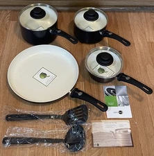 GreenPan Aluminum 9-pc Non-Stick Cookware Set Black 12” Frypan 1 2 3 Qt Saucepan