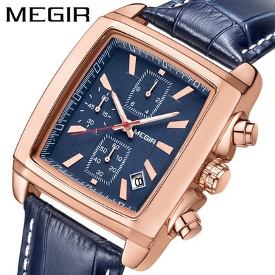 MEGIR Herren Leder Armbanduhren Quadratisches Zifferblatt Chronograph Classic