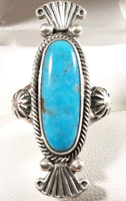 NAVAJO RUNNING BEAR 925 STERLING ETCHED SCROLLS TURQUOISE SIZE 7 RING 7.2g