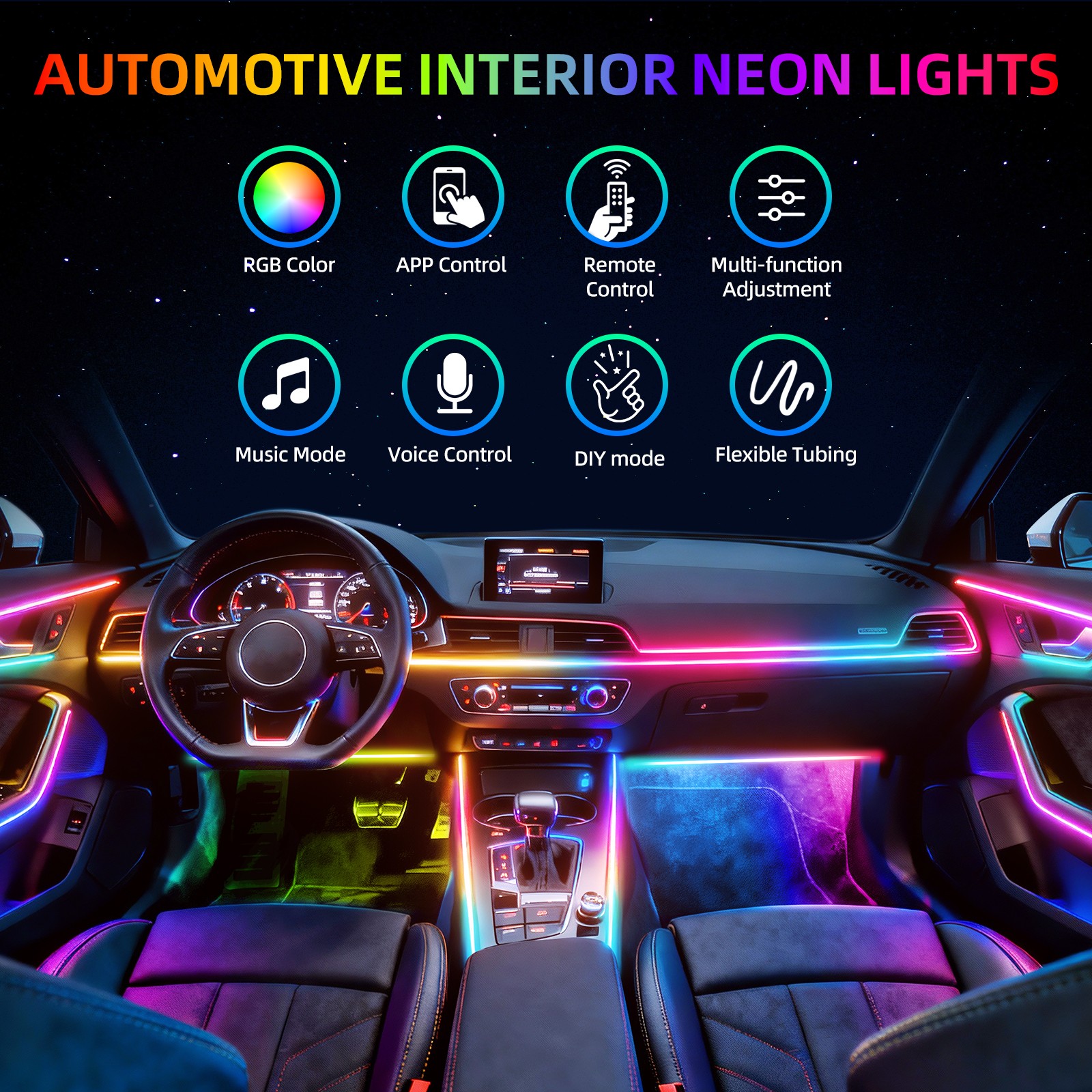 For Maserati 6 in 1 Car Interior LED Light Strips Kit RGB Neon Multi Color APP