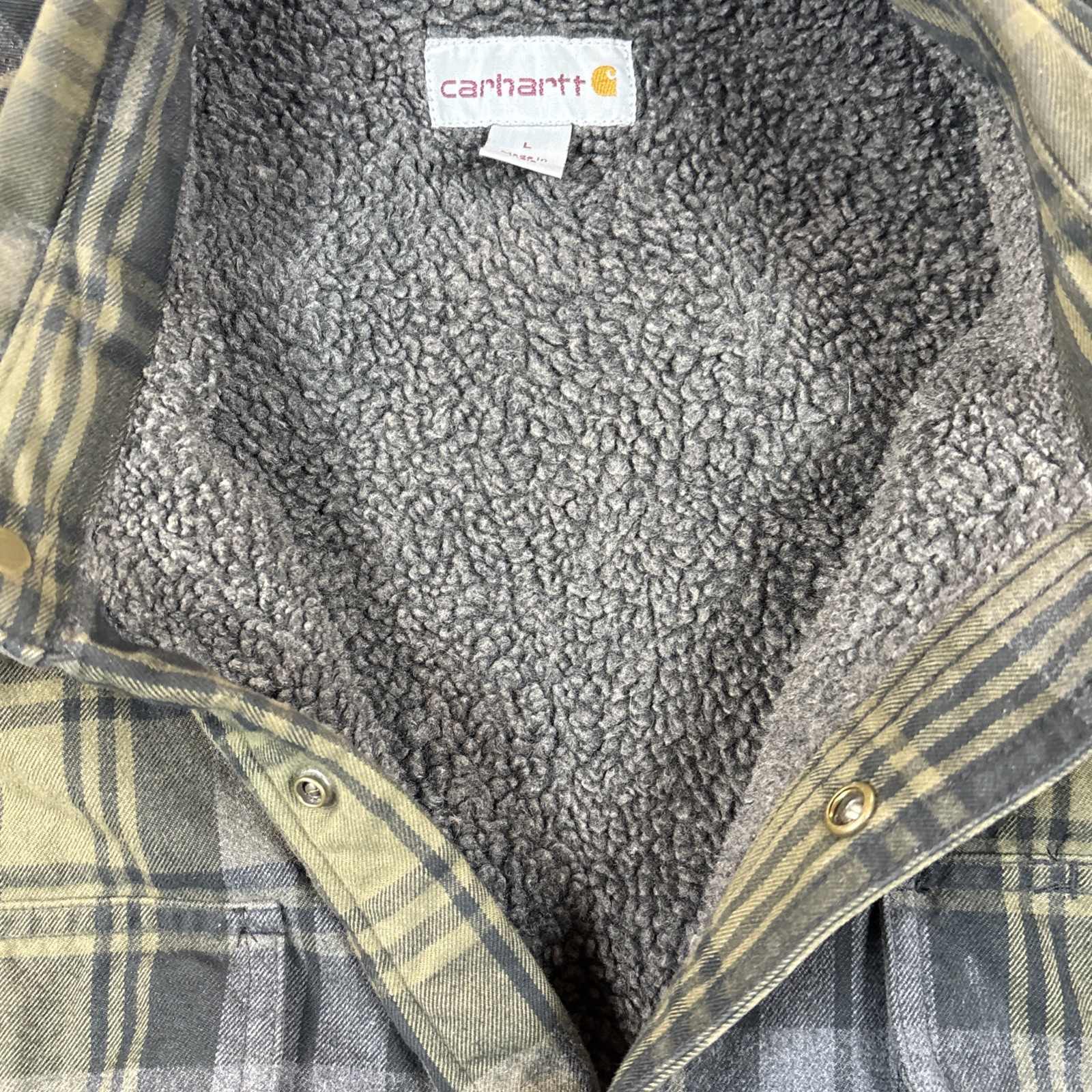 Carhartt Men’s Relaxed Fit Heavy  Flannel Sherpa Lined Green Plaid Jacket Large thumbnail 6