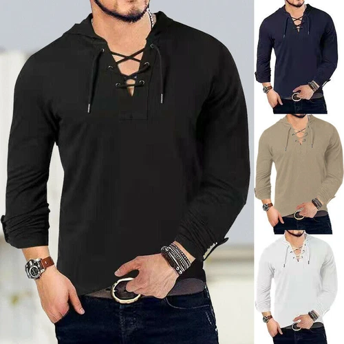 Mens Chic Lace Up V Neck Long Sleeves Hoodie Shirt Casual Blouse Basic Tee Tops - product listing photo