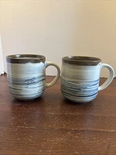 Dash Of That Pottery Blue Brown Lines Stripes Tracey Coffee Mug Cup Set Of 2 New