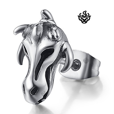 Single Gothic Ram Skull Stud Earring – Stainless Steel With Clear Crystal – Unisex – Softgothic