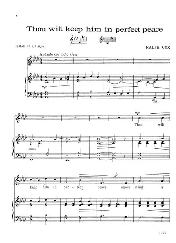 "THOU WILT KEEP HIM IN PERFECT PEACE" Sacred Song by Ralph Cox - 7 Pages - 1922 - Picture 2 of 2