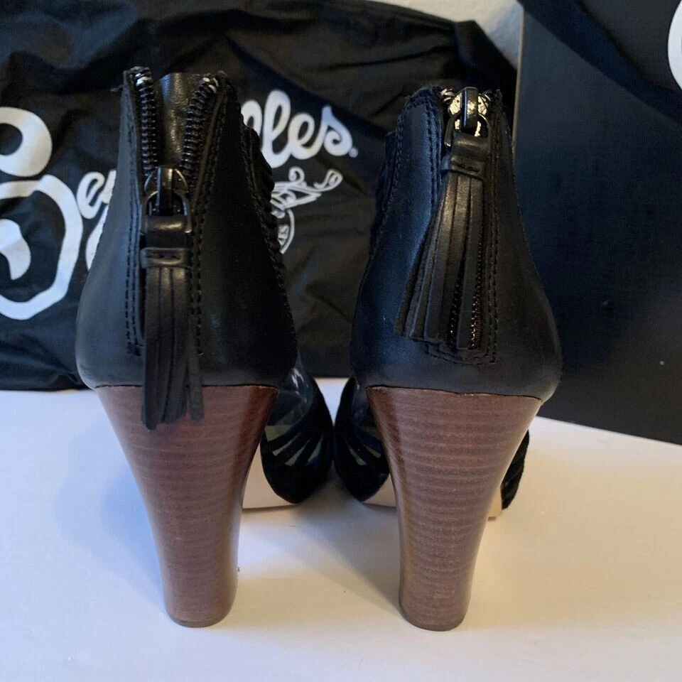 Sandalia Seychelles Bloque de Madera Plataforma Gamuza Correas Cuero Negro Zapatos 9 Tacones Foto 4 de 4