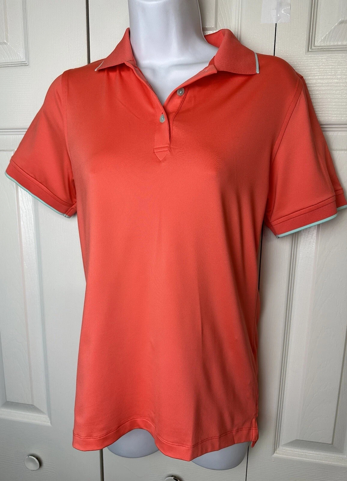 PETER MILLAR Orange Golf Wicking POLO Shirt Coral Aqua UPF 50 Top Blouse Sz S