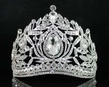 FANTASTIC AUSTRIAN CRYSTAL RHINESTONE TIARA CROWN W/ HAIR COMB PROM T1855 SILVER