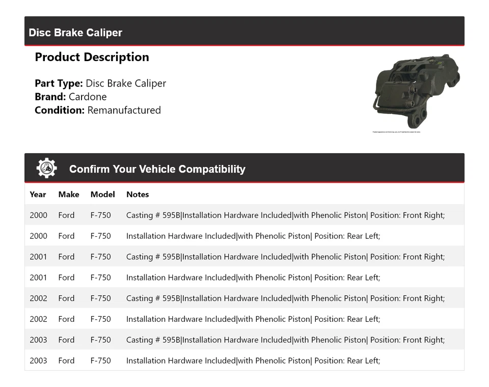 Pinza de freno de disco Cardone 2001 2002 para Ford F-750 2000-2003 Foto 2 de 4