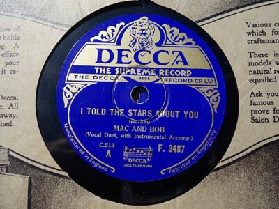 MAC AND BOB - I Told The Stars About You / Lamp Lightin' Time 78 rpm disc (A+)
