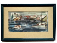 Contemporary Expressionist Coastal Boats Painting Signed Pinca Cubism Sonoma CA