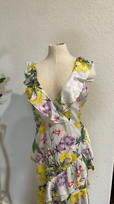 VONE Aini Floral Satin Surplice Tiered Ruffled Midi Dress Sz 6
