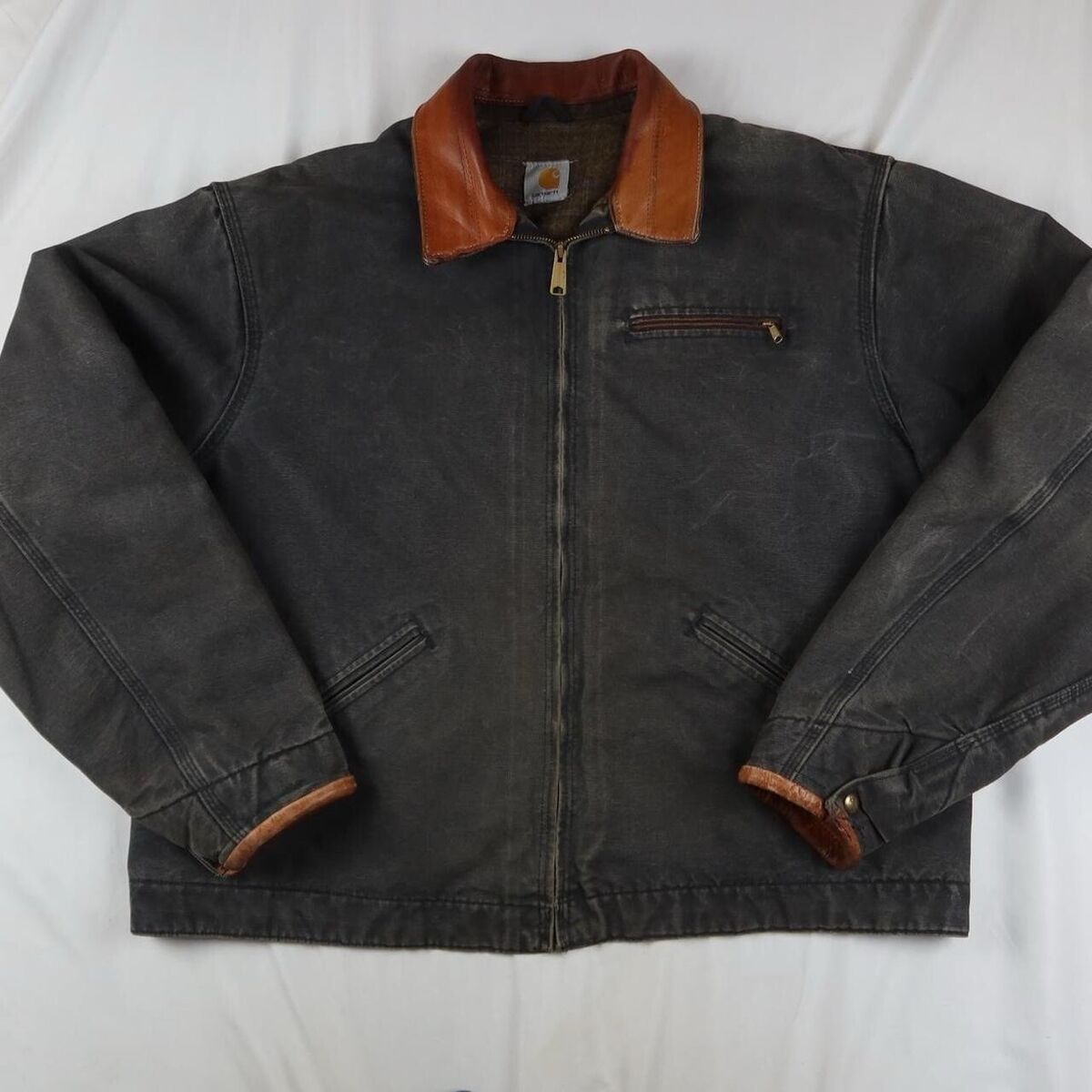 Vintage Carhartt Detroit Jacket Patina Leather Accents Faded Vintage Carhartt Detroit Jacket Patina Leather Accents Faded