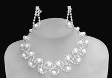 Rhinestone Necklace, Earrings  Clear w/white Faux Pearl Costume, Bridal, Prom 2