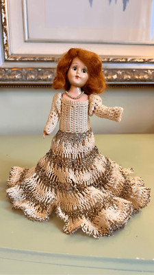Vintage Handmade Hand Painted Plastic Doll Crotched Dress Red Hair