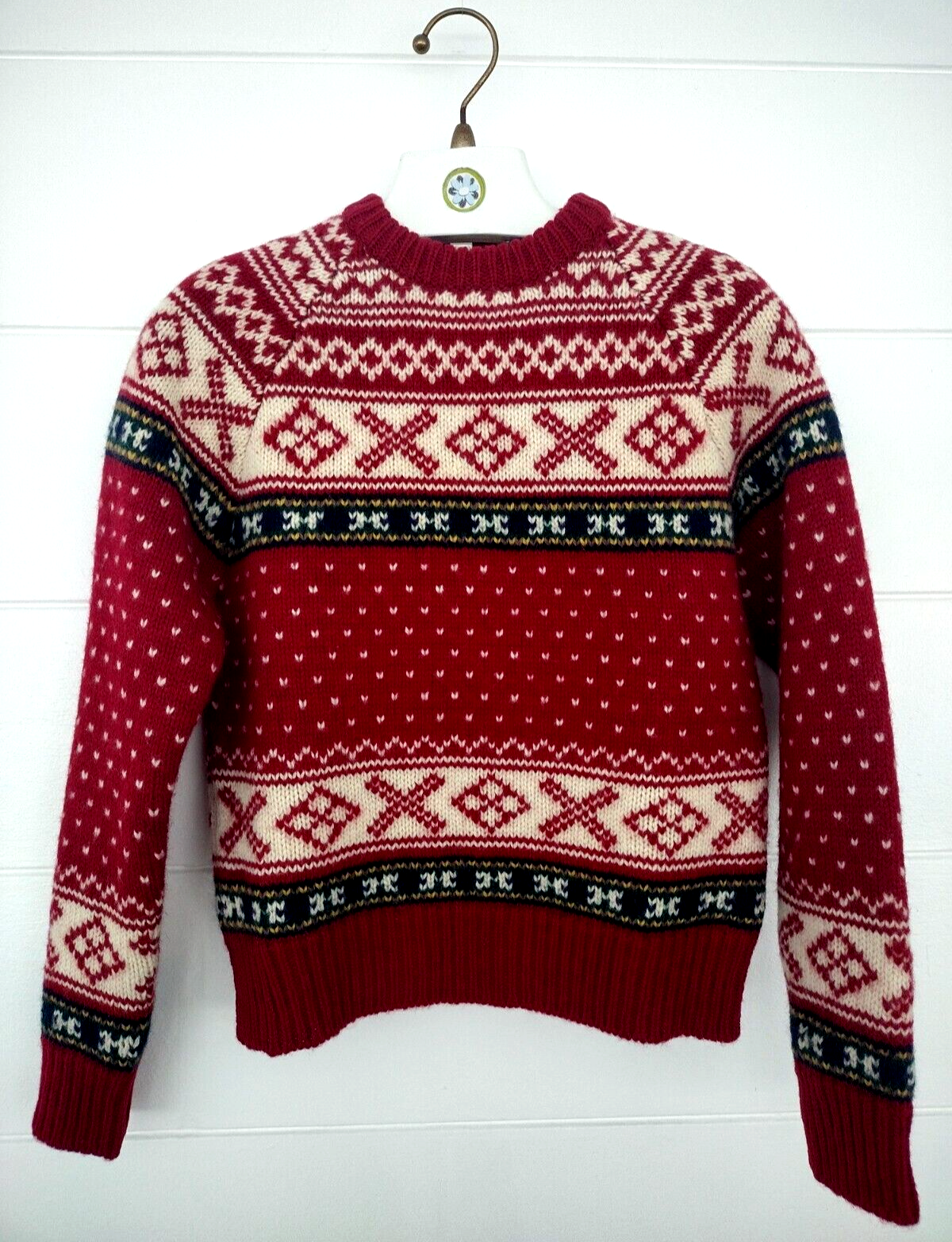 Vtg Limited America M Red 100% Wool Fair Isle Hand Knit Sweater Crew Neck Long S