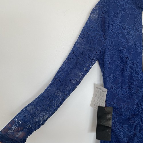 Bebe Dress Small Mini Royal Blue Bodycon Lace Open Back Party Coquette Clubwear - Picture 3 of 9
