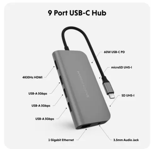 Hyper Drive Adapter 9-in-1 Hub HD30F-Gray USB-C Multiport Adapter