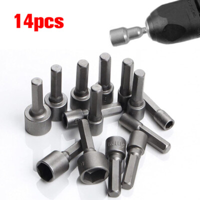 14Pcs 1/4'' Nut Driver Bit Set Hex Magnetic Metric Socket Impact Drill 5mm - 12mm