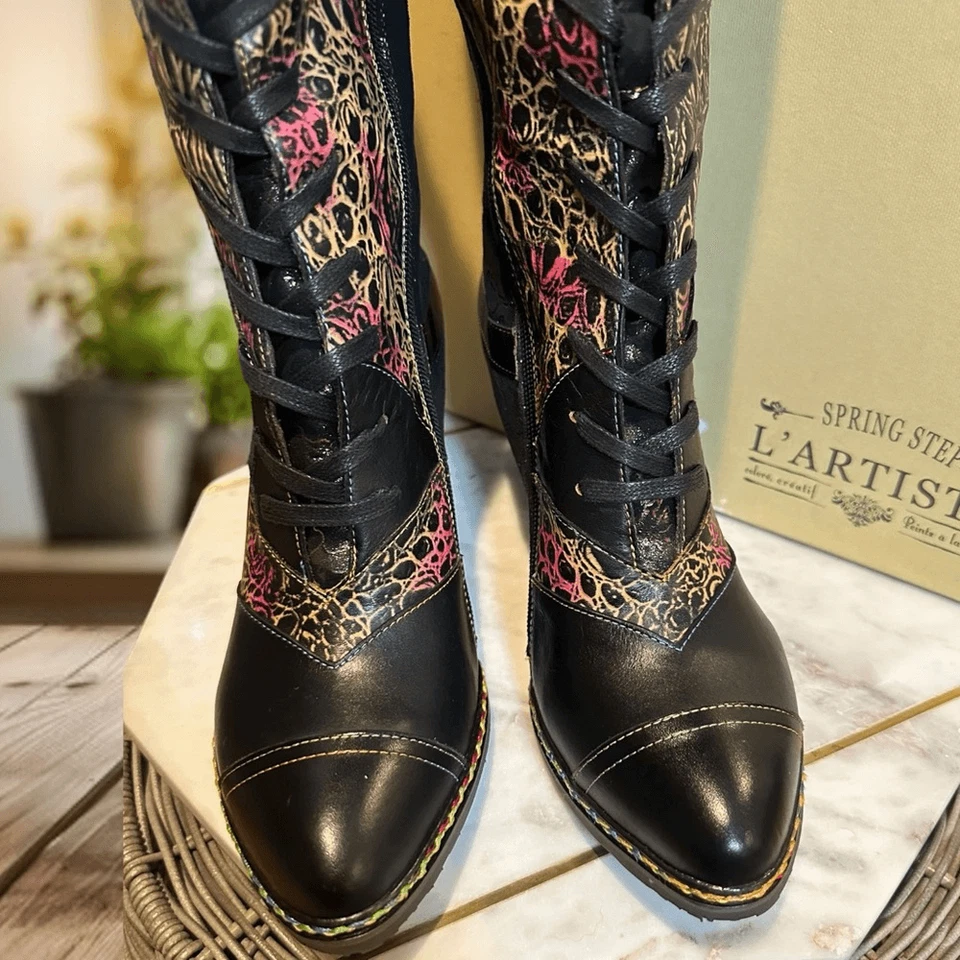 L’ARTISTE Spring Step Hand Painted Leather Lace-Up Boots Malagie Croco EU 42 - Image 4 of 4