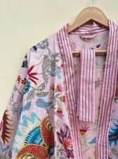 Indian Baby Pink Crown Striped Kimono Cotton Bridal Bath Robe Maxi Night Gown US