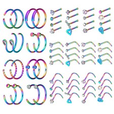 64Pcs Colorful Nose Ring Hoop Screw L Bone Studs Surgical Steel Piercing Kit 20G