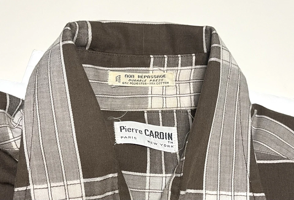Vintage 70s Pierre Cardin disco shirt cotton blend RAD brown windowpane plaid VG - Image 3 of 4