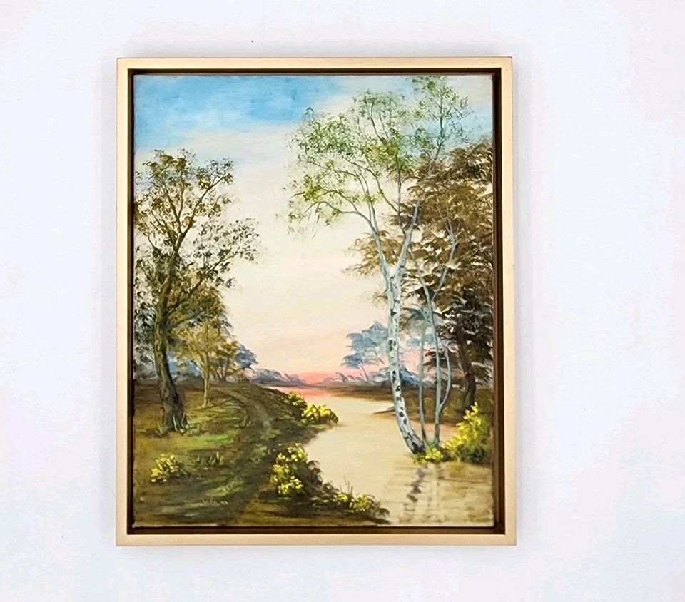 Original Signed Asher Landscape Oil Painting on Canvas Birch Trees River Sunset - Image 4 of 4