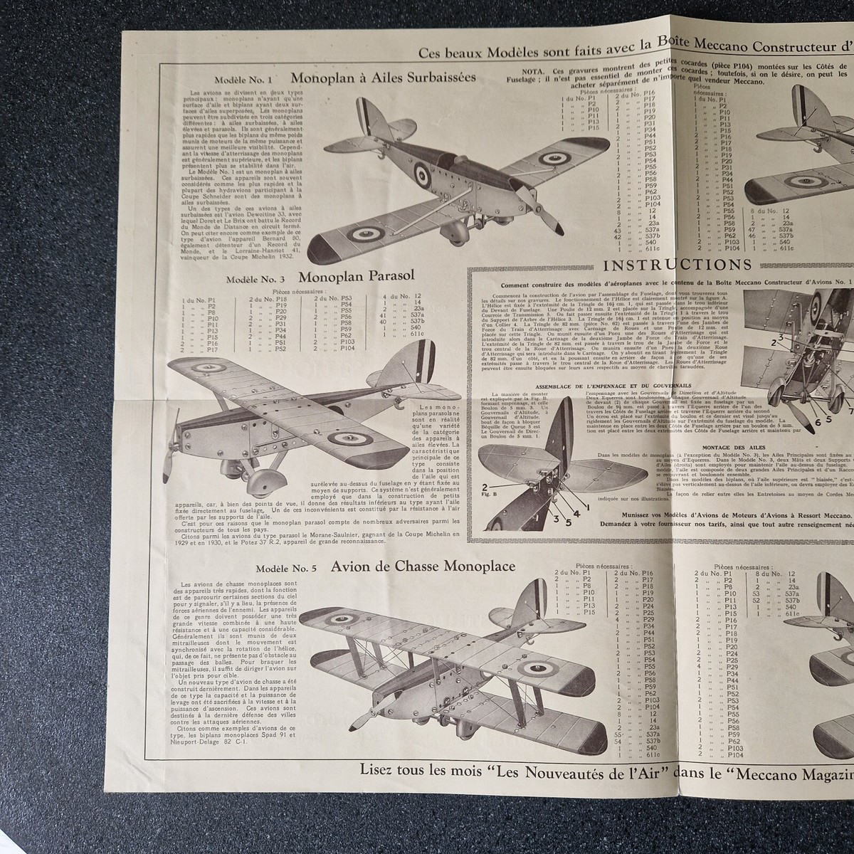 Notice Meccano Constructeur D'avion N°0, 1,10 Francs, Originale Et Ancienne