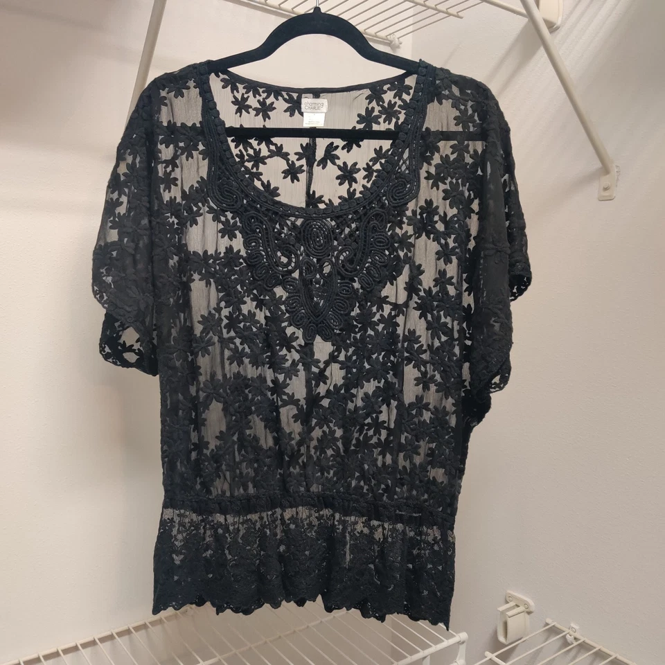 Charming Charlie Top Pullover Black Embroidered Shear Black Timeless Sz L - Image 4 of 4