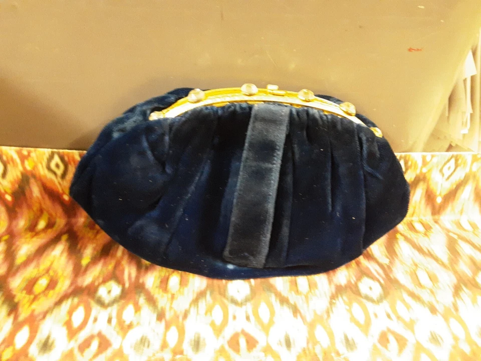 Bolso sin asas vintage estrás tachuelas terciopelo azul liso noche fiesta cartera con moneda Foto 4 de 4