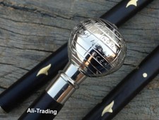 Bâton de marche ancien modèle globe argenté créateur canne en bois noir neuf
