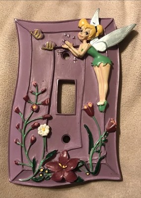Vintage Hand Painted Ceramic Disney Tinkerbell Switch Plate Floral Purple