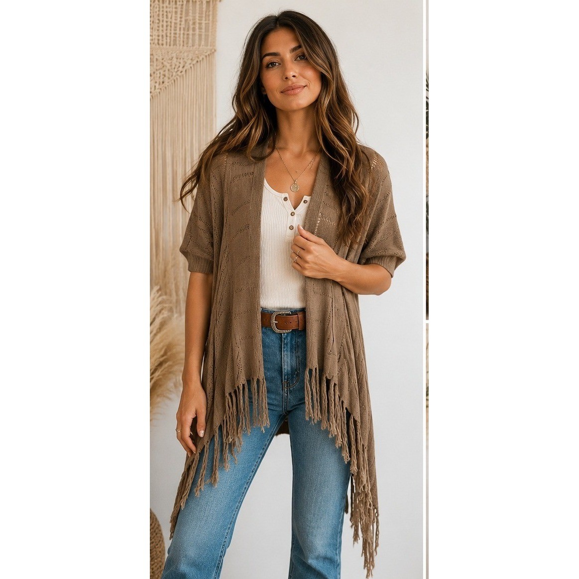 Guido Lombardi Italy Fringe Open Front Cardigan Shawl Taupe Brown Large