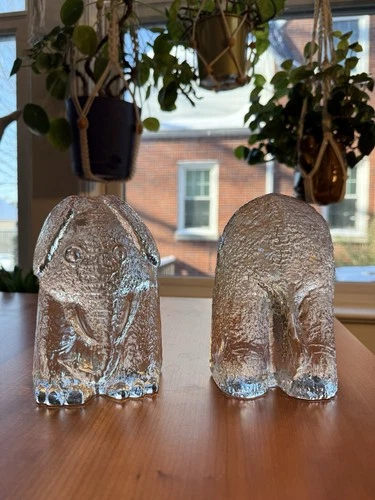 Vintage Blenko Glass Elephant Bookends 9513, Crystal (clear) w/Original Stickers