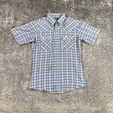 VTG Levis Western Shirt Mens Medium Blue Plaid Pearl Snap Sawtooth Pockets 80s