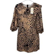 NWT Mango MNG Mini Dress Size 6 Tan Black Animal Print Puff Sleeve Mod Cocktail
